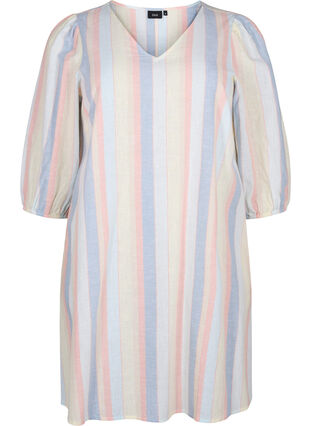 Zizzifashion Cotton blend short dress with linen, Multi Color Stripe, Packshot image number 0