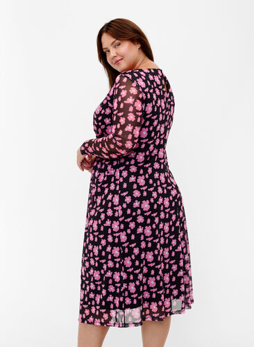 Zizzifashion Floral mesh dress with long sleeves, Black Pink AOP, Model image number 1