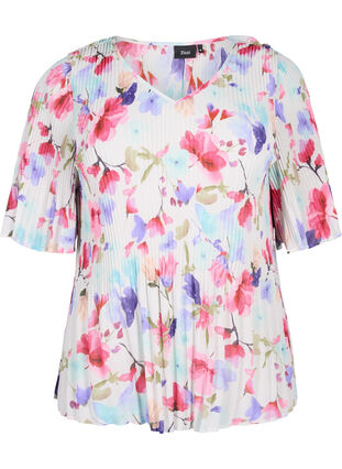 Zizzifashion Pleated floral blouse, White/MultiFlowerAOP, Packshot image number 0