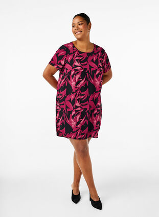 Zizzifashion Dress with print and short sleeves, Bl.Purple Leaf AOP, Model image number 2