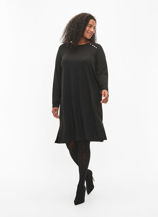 Zizzifashion Long-sleeved jersey dress with button detail, Black, Model image number 3