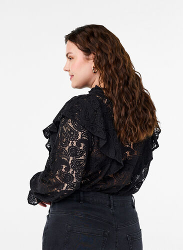 Zizzifashion Lace shirt blouse with ruffle detail, Black, Model image number 1