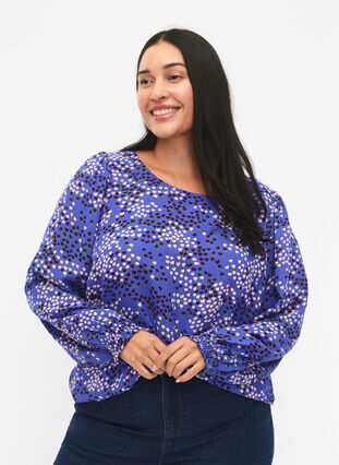 Zizzifashion FLASH - Long sleeved blouse with smock and print, Dazzling Blue AOP, Model image number 0