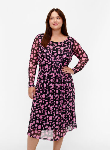 Zizzifashion Floral mesh dress with long sleeves, Black Pink AOP, Model image number 0