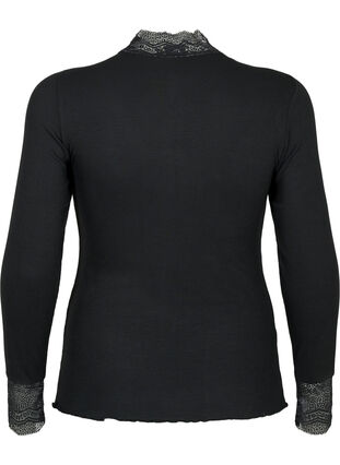 Zizzifashion Ribbed viscose blouse with lace, Black, Packshot image number 1