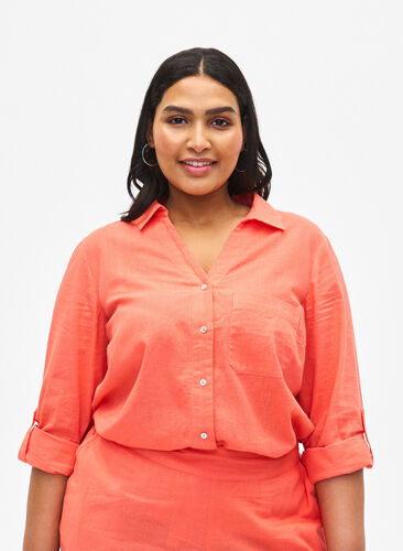 Zizzifashion Shirt blouse with button closure in cotton-linen blend, Living Coral, Model image number 0