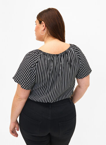 Zizzifashion Striped viscose blouse with short sleeves, Black/ White Stripe, Model image number 1
