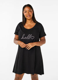 Short-sleeved nightgown in organic cotton, Black Hello, Model