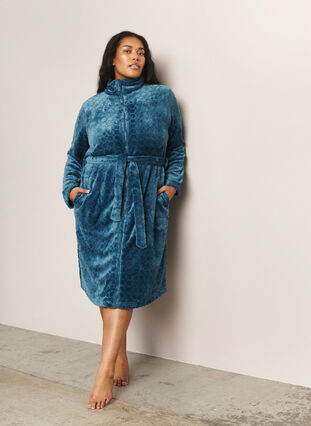 Zizzifashion Patterned dressing gown with zipper and pockets, Blue Coral, Image image number 0