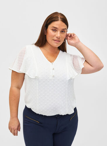 Zizzifashion Blouse with dotted texture and short sleeves, Bright White, Model image number 0